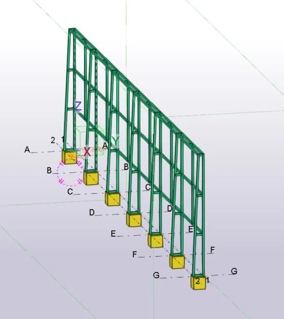 Modelo 3D de los marcos de rack sobre fundaciones individuales